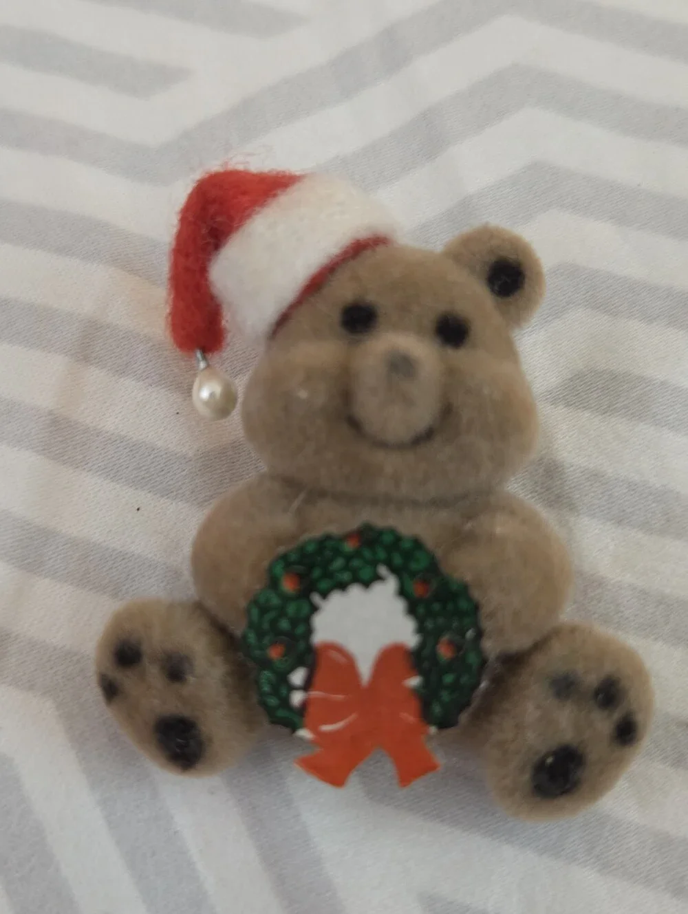 Vintage 1980s flocked fuzzy teddy bear Christmas pin